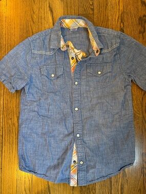 Gymboree Blue Short-Sleeve Button-Down Shirt with Plaid Trim